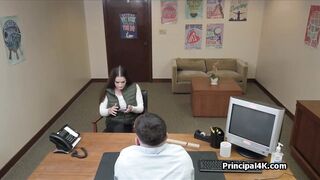 Busty brunette gags head teachers dick