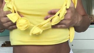 Horny Wife Loving Her Boobs in a Sexy Yellow Outfit