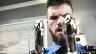 Shemale flight attendant is anal fucked