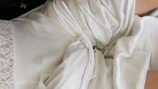 White nylon slip wank & cum