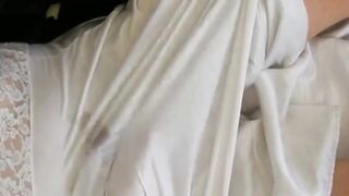 White nylon slip wank & cum