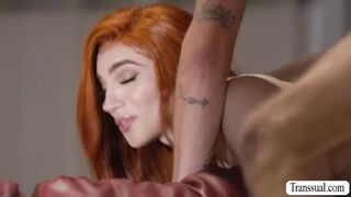 Shemale redhead throats and ass fucked by her horny boyfried