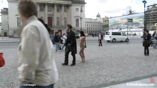 Naked babe pulling charios in public
